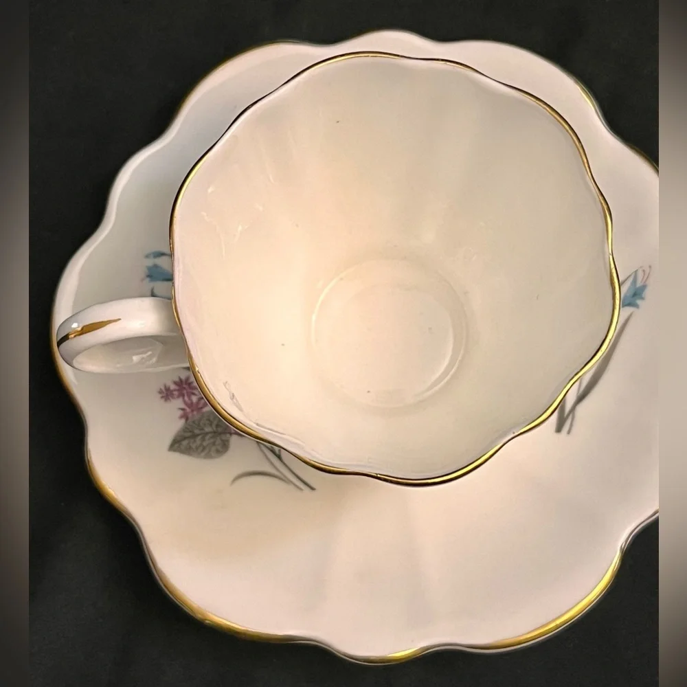 Vintage English Castle 22K Gold Trim Blue Lily Bone China Teacup Saucer Set Tea